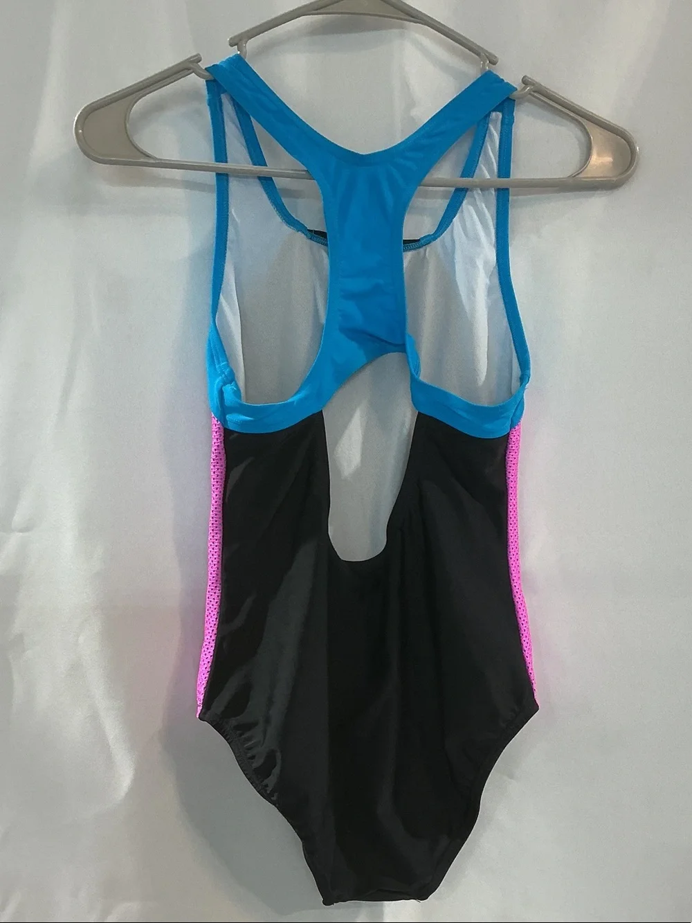 Speedo Black One-Piece with Blue Straps and Pink Side Panels